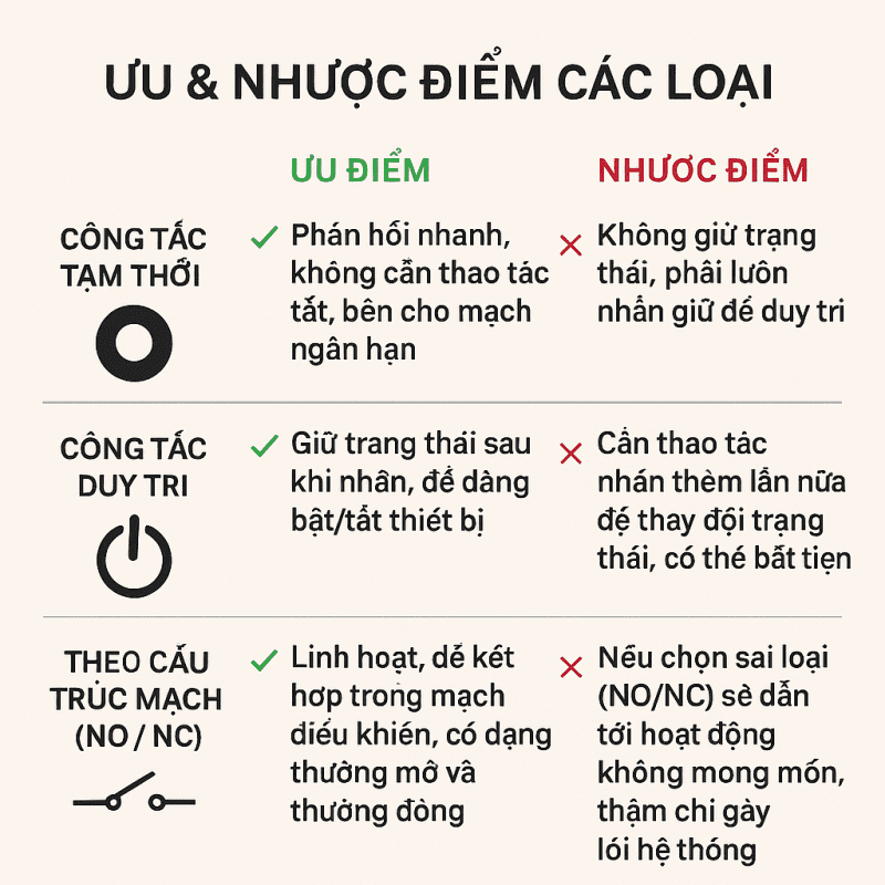 ưu và nhược điểm của các loại công tắc nút nhấn